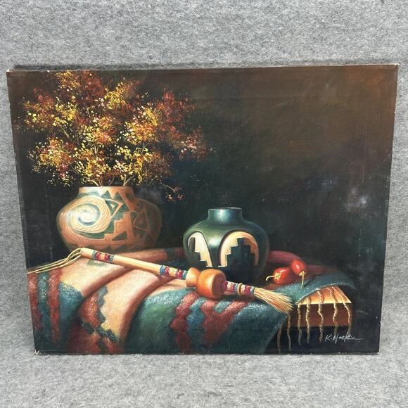 Vtg Southwestern Still Life Painting K. Hoskin Native American Pottery Blanket - Picture 1 of 11